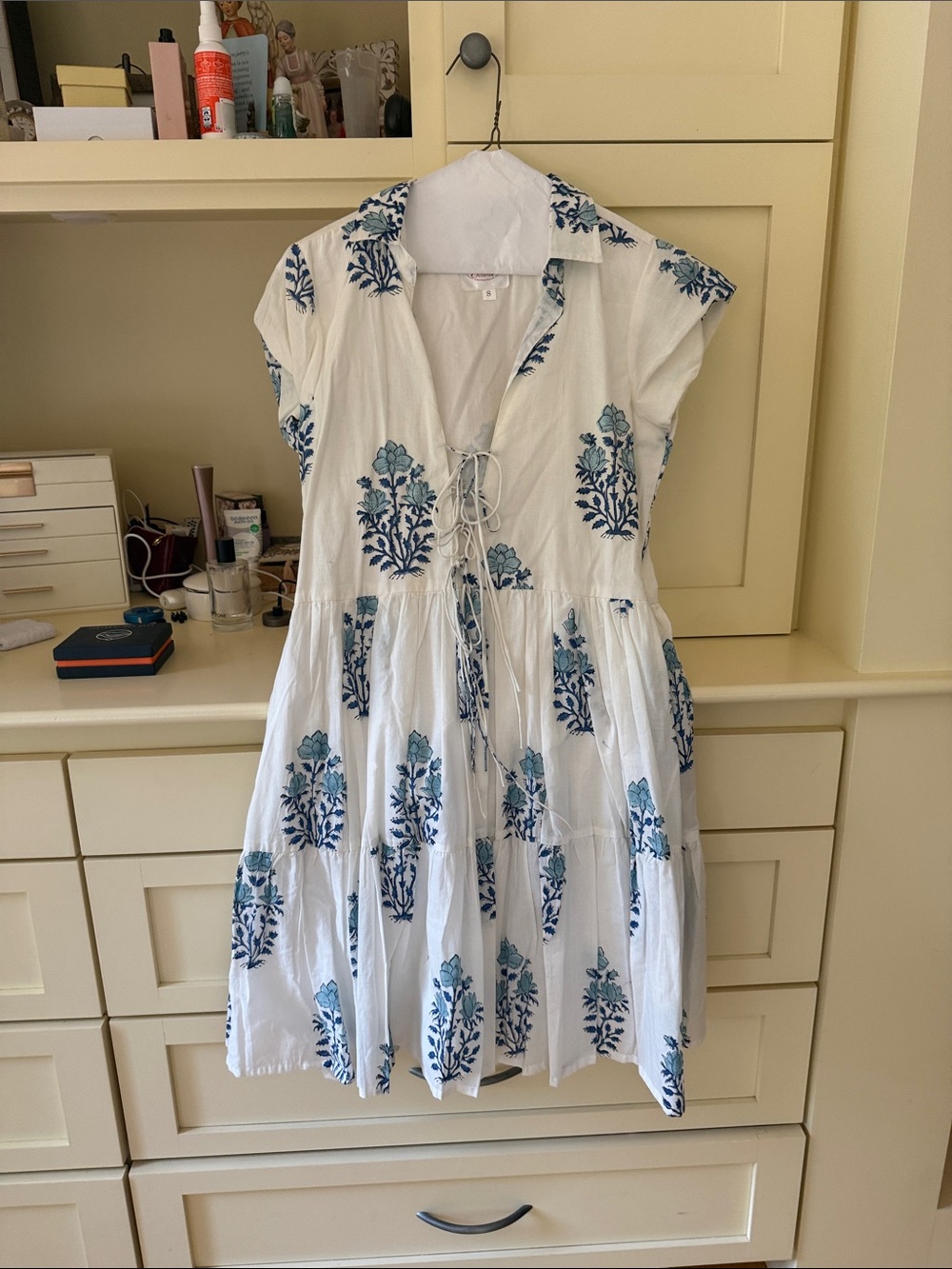 White Tiered Dress with Blue Botanical Print
